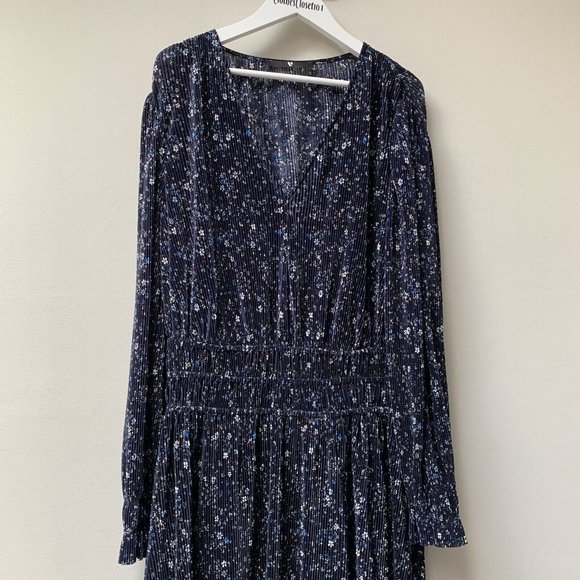 Very Plisse Long Maxi Dress Size UK 12 Floral Long Sleeve Blue V Neck - Picture 8 of 10